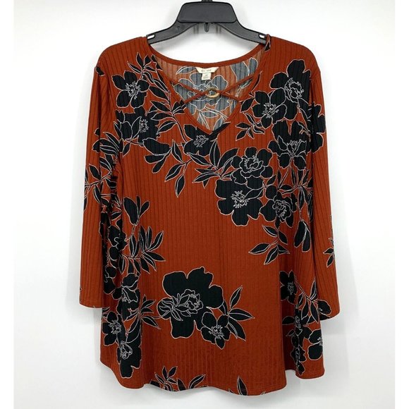 Cato Top Orange Black Floral Print Cut Out Strappy V Neck - Picture 1 of 8